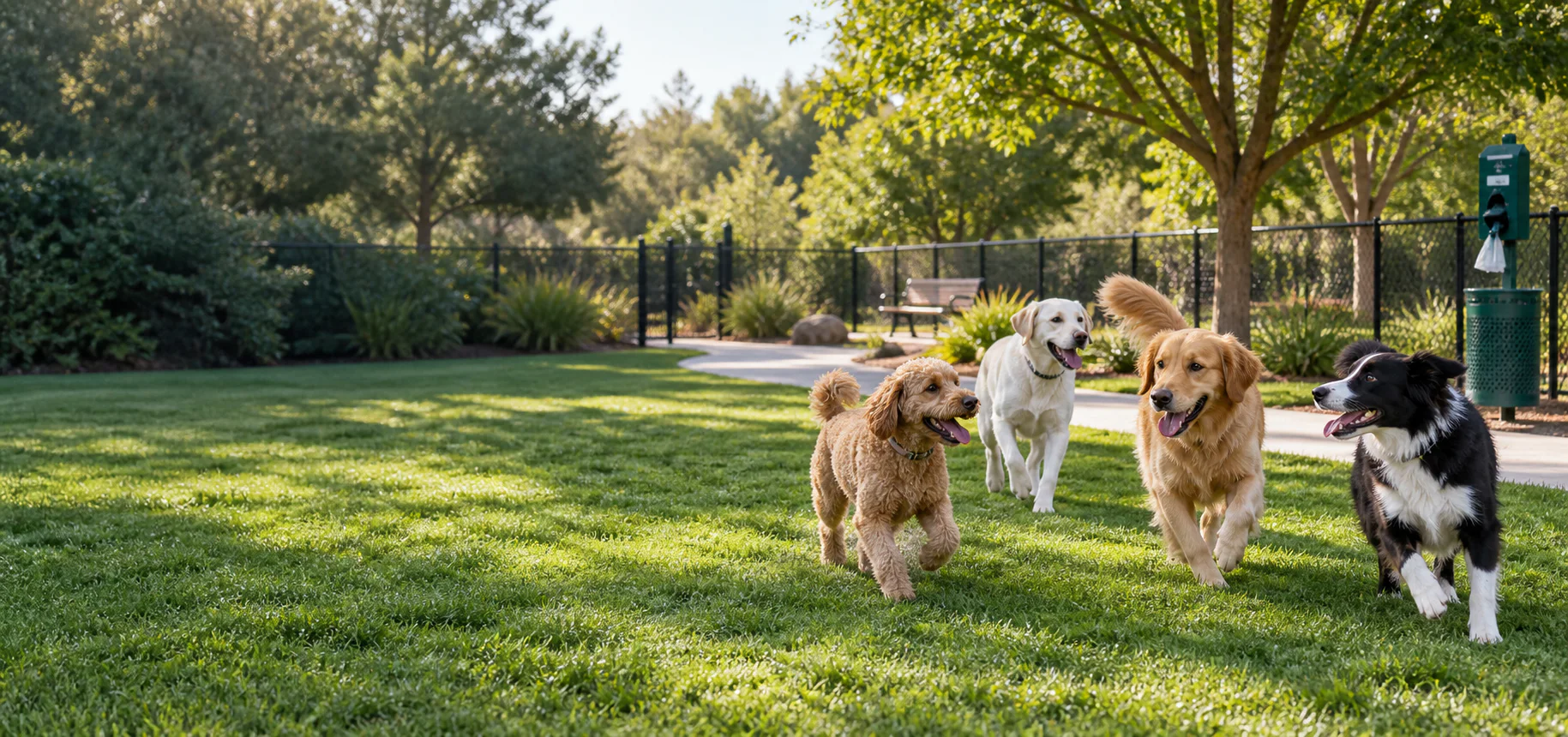 Several dogs playing in a clean, well-maintained community dog park