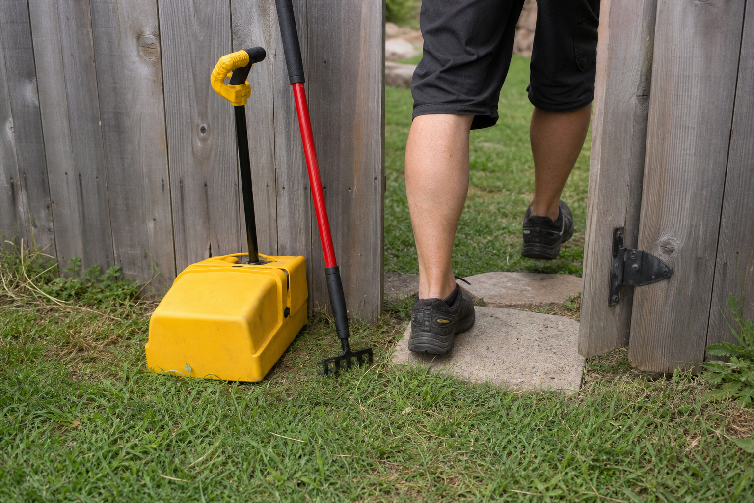 A technician's lower legs beside a red Corona rake and yellow lobby bin at a backyard gate